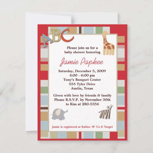 ABC Alphabet Suppe Stripte Babydusche Einladung (Vorderseite)