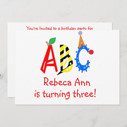 ABC, das drittes Party Invitaitons des Einladung (Vorne/Hinten)