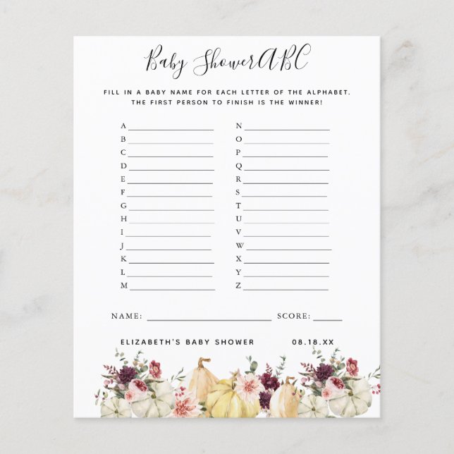 ABC-Spiel | Floral Pumpkin Baby Showgame (Vorderseite)