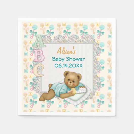 ABC Teddy Peach und Aqua Baby Showpapier Napkins Serviette (Vorderseite)