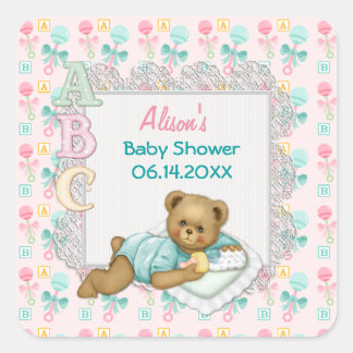 ABC Teddy Pink und Aqua Baby Dusche Quadratischer Aufkleber