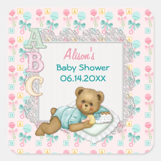 ABC Teddy Pink und Aqua Baby Dusche Quadratischer Aufkleber (Vorderseite)