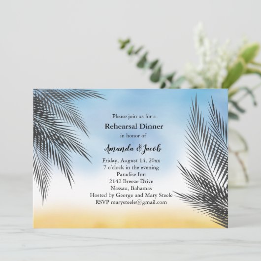 Abend Aquarell Palm Blätter Probe Abendessen Einladung (Stehend Vorderseite)