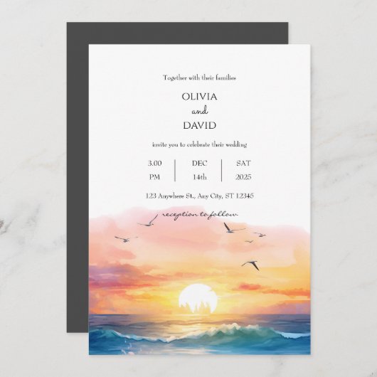 Abend Beach Sonnenuntergang Landschaft Wasserfarbe Einladung (Vorne/Hinten)