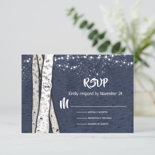 Abend Birch Tree Hochzeit Tinkle Lichter UAWG RSVP Karte (Stehend Vorderseite)