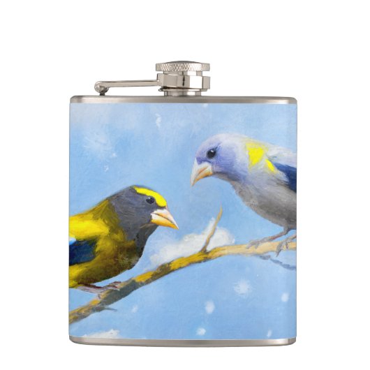 Abend Grosbeak Malerei - Niedliche Original Hunde Flachmann (Vorderseite)