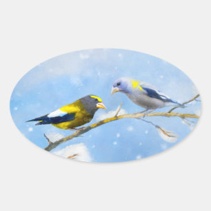 Abend Grosbeak Malerei - Niedliche Original Hunde Ovaler Aufkleber