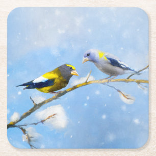 Abend Grosbeak Malerei - Niedliche Original Hunde Rechteckiger Pappuntersetzer