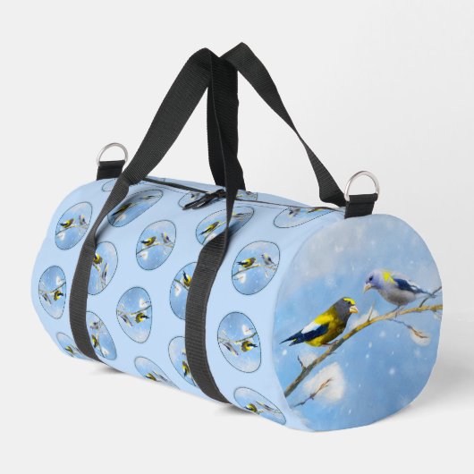 Abend Grosbeak Wintergemälde Original Vogelkunst Duffle Bag (Linke Seite)