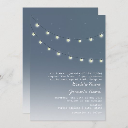Abend-Hochzeit im Freien - Lichterfolge Einladung (Vorne/Hinten)