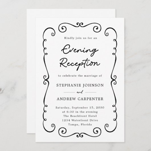 Abend Hochzeitsempfang mit handgezogenem Doodle Einladung (Vorne/Hinten)