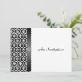 Abend Hochzeitsempfang Schwarz-Weiß-Damast Einladung (Stehend Vorderseite)