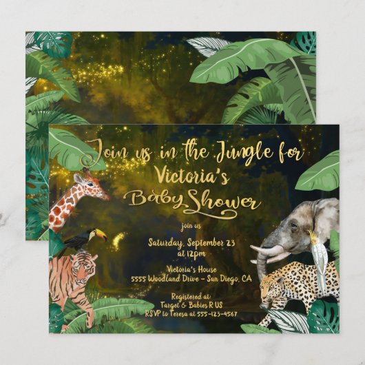 Abend Jungle Animals Kinderdusche Einladung (Vorne/Hinten)