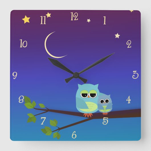Abend Owls Wall Clock Quadratische Wanduhr (Vorderseite)