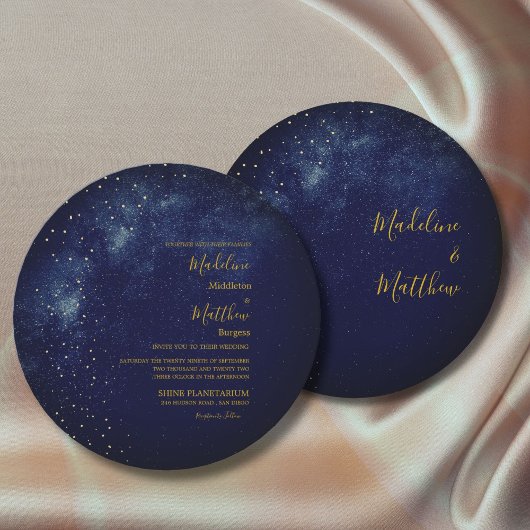 Abend Sky Astral Gold Stars Blue Round Wedding Einladung