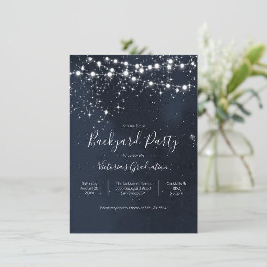 Abend Sky String Lichter Backyard Party Invita Einladung (Stehend Vorderseite)