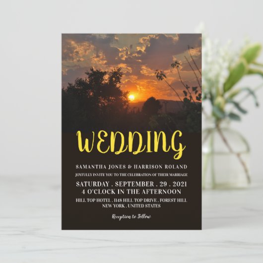 Abend Sonnenuntergang, rustikale Hochzeit Einladung (Stehend Vorderseite)