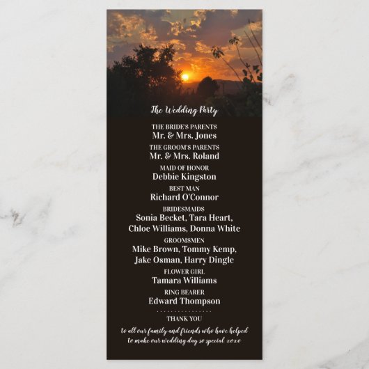 Abend Sonnenuntergang, rustikale Hochzeit Programm (Rückseite)