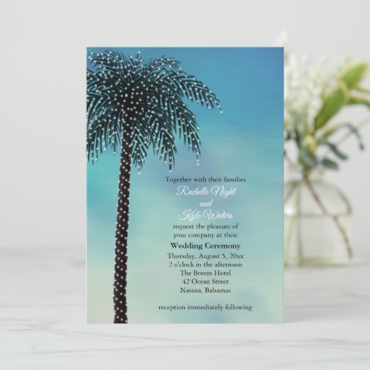 Abend String Lights Palm Tree Einladung Hochzeit (Stehend Vorderseite)