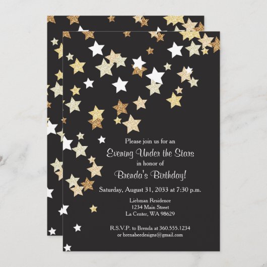 Abend unter den Sternen mit GoldGlitzer Einladung (Vorne/Hinten)