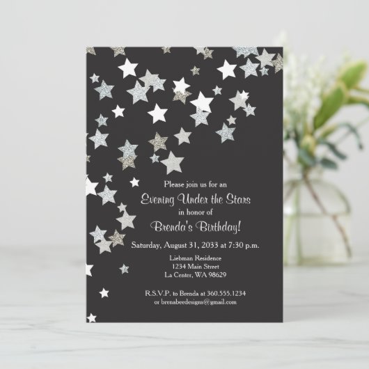 Abend unter den Sternen mit Silberner Glitzer Einladung (Stehend Vorderseite)