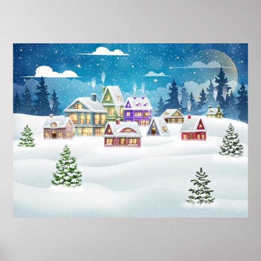 Abend-Winterdörferlandschaft mit schneebedeckter F Poster (Vorne)