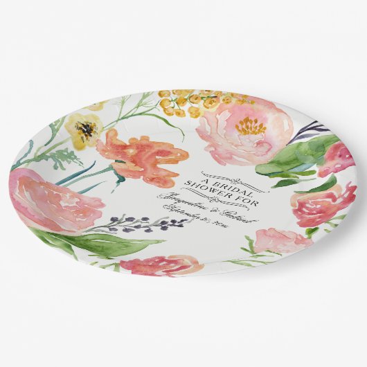 Abendessen Brautparty Moderne Wasserfarben Rose Pappteller (Schrägansicht)