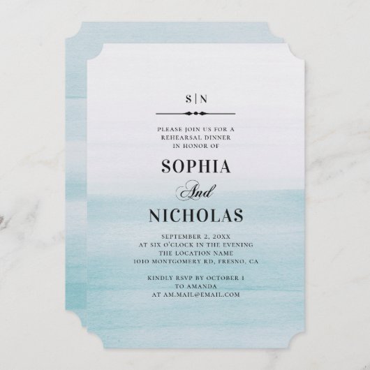 Abendessen in Aquarellblau mit Probe. Elegant simp Einladung (Vorne/Hinten)