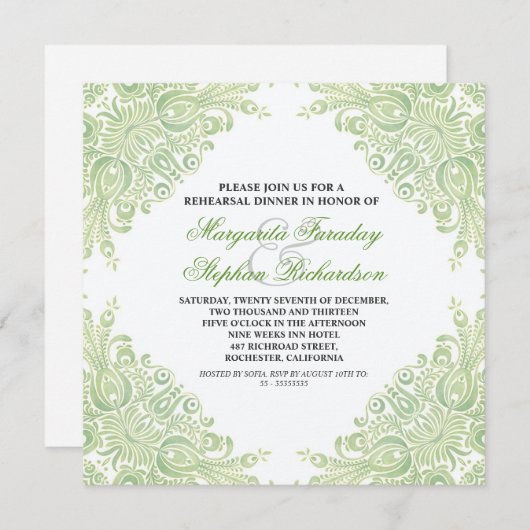 Abendessen mit hellgrüner Damast Probe Einladung (Vorne/Hinten)