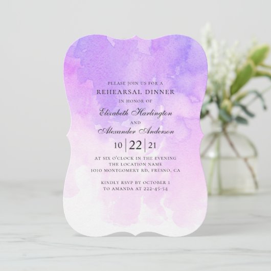Abendessen mit lila Probe in Aquarell. Elegant lil Einladung (Stehend Vorderseite)