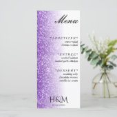 Abendessen mit weißem und Lila Glitzer Hochzeitsem Menükarte (Stehend Vorderseite)