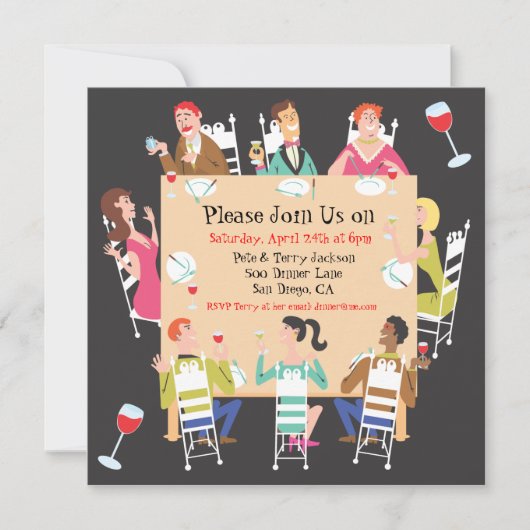 Abendessen Party Einladung mit Tisch und Freunden (Vorderseite)
