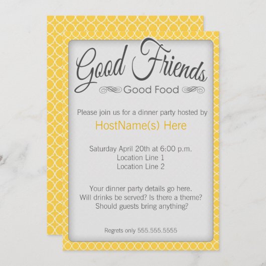 Abendessen-Party Einladungen im Gelb (Vorne/Hinten)
