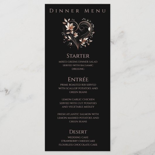 Abendessen und Bar Menu-Rose Gold Blume mit einem Menükarte (Vorderseite)
