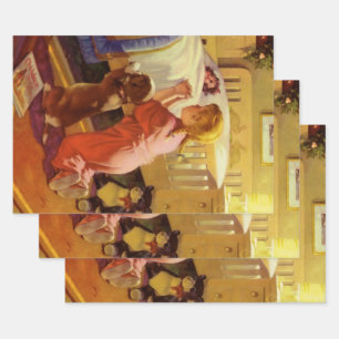 Abendgebete, Mädchen mit Welpen, Vintage-Religion Geschenkpapier Set