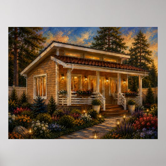 Abendglanz Cottage Garten Ölmalerei Poster (Vorne)