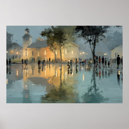 Abendliche Kirchenplatz-Regenreflexionen Poster