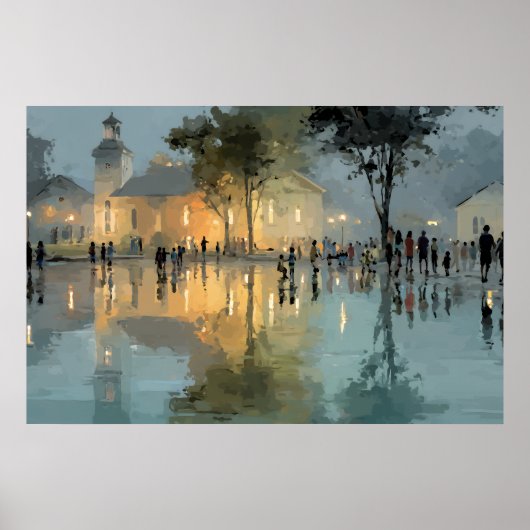 Abendliche Kirchenplatz-Regenreflexionen Poster (Vorne)