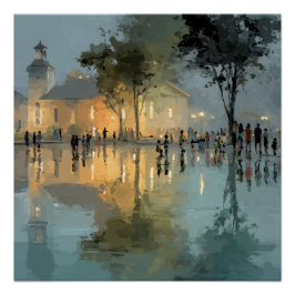 Abendliche Kirchplatz-Regenreflexionen Poster