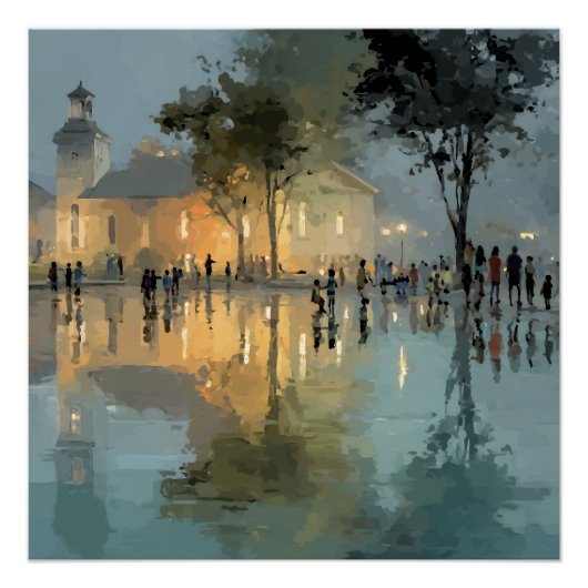 Abendliche Kirchplatz-Regenreflexionen Poster (Vorderseite)