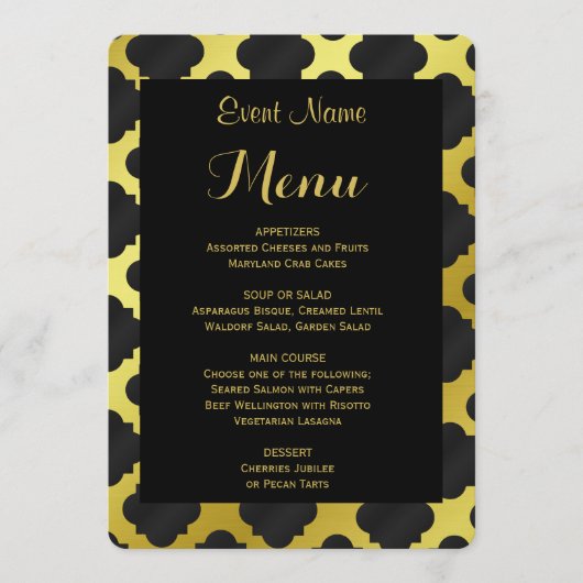 Abendmenü | Gold und Black Quatrefoil Menükarte (Vorderseite)