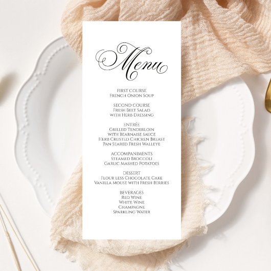 Abendmenü mit schwarzer und weißer Hochzeitskallig Menükarte
