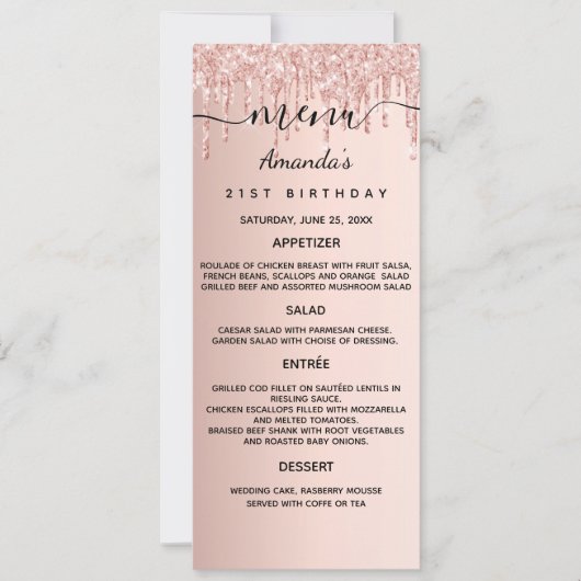 Abendmenü Rose Gold Glitzer Karte (Vorderseite)