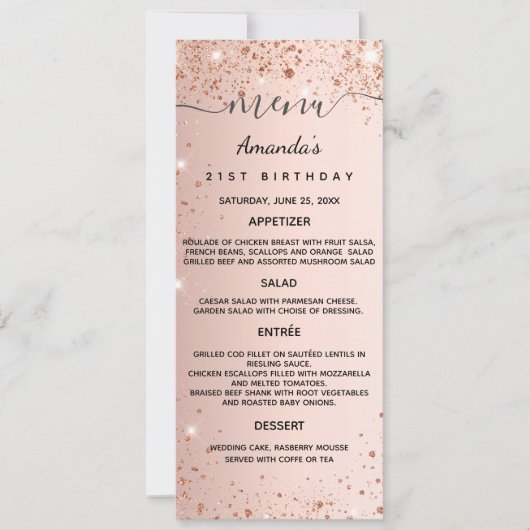 Abendmenü Rose Gold Glitzer Karte (Vorderseite)