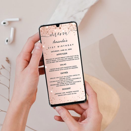 Abendmenü Rose Gold Glitzer Karte