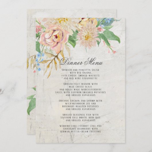 Abendmenü Sommer Wasserfarbe Blush Blumenblätter Menükarte (Vorne/Hinten)
