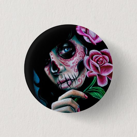 Abends-Blüten-Zuckerschädel-Mädchen Button (Vorderseite)