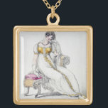 Abendskleid oder Hochzeitskleid, Modeplatte von Vergoldete Kette<br><div class="desc">Bild: 102853-Abends-Kleid oder Hochzeitskleid,  Modeplatte von Ackermanns Behälter der Künste (farbiger Stich). Englische Schule,  (19. Jahrhundert). Privatsammlung,  die Stapleton Sammlung.  Kunst,  schöne Kunst.</div>