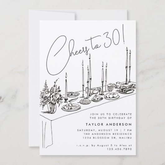 Abendtisch Cheers Zeichnend 30. Geburtstag Party Einladung (Vorderseite)