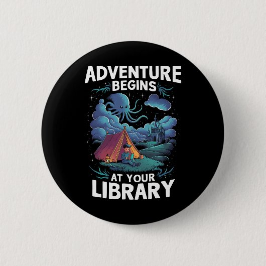 Abenteuer beginnen in Ihrer Bibliothek Buchliebhab Button (Vorderseite)